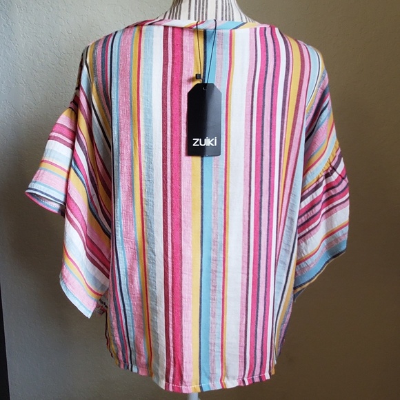 NWT ZUIKI LINEN STRIPED WING SLEEVED WOMENS TOP - Picture 4 of 5